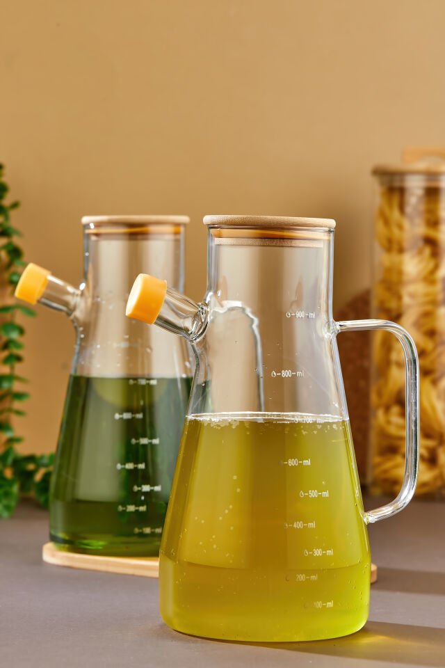 900 ml Bambu Kapaklı Vakumlu Borosilikat 3'lü Set Cam Yağlık Sirkelik Bambu Altlık