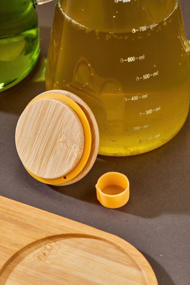 900 ml Bambu Kapaklı Vakumlu Borosilikat 3'lü Set Cam Yağlık Sirkelik Bambu Altlık