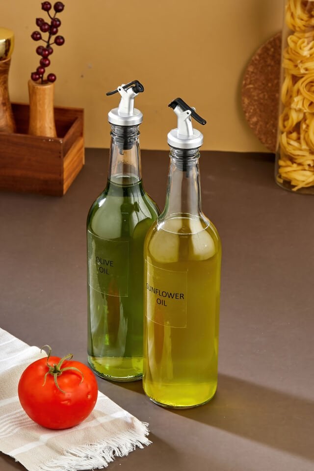 2'li 750 ml Zeytinyağı Sıvıyağ Şişesi Yağdanlık Suya Dayanıklı Şeffaf Etiketli Yağlık Seti