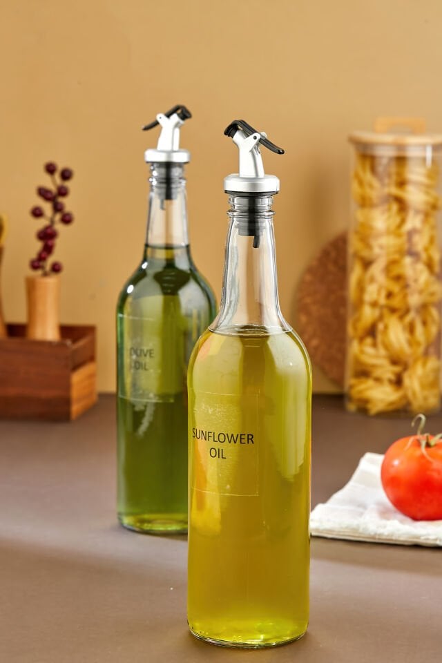 2'li 750 ml Zeytinyağı Sıvıyağ Şişesi Yağdanlık Suya Dayanıklı Şeffaf Etiketli Yağlık Seti