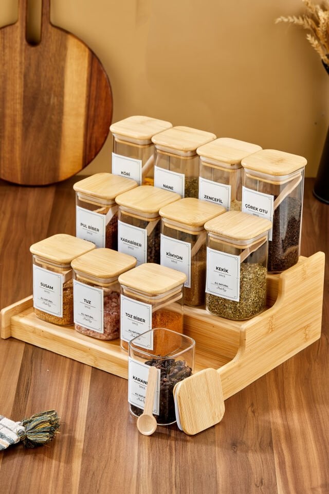 250 ml Bambu Stantlı Bambu Kapaklı  Kare Borosilikat Cam Baharatlık Kaşıklı Etiketli