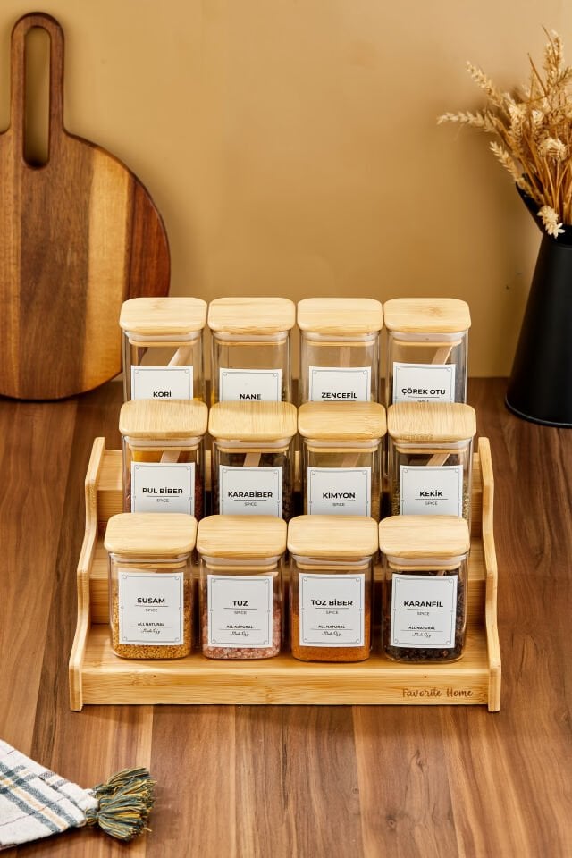 250 ml Bambu Stantlı Bambu Kapaklı  Kare Borosilikat Cam Baharatlık Kaşıklı Etiketli