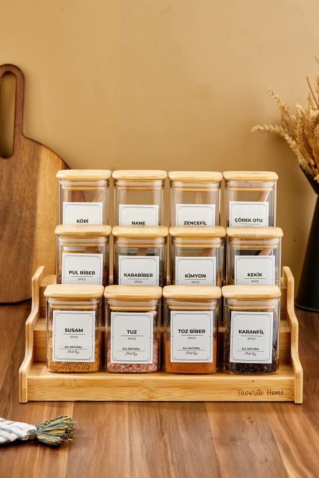 250 ml Bambu Stantlı Bambu Kapaklı  Kare Borosilikat Cam Baharatlık Kaşıklı Etiketli