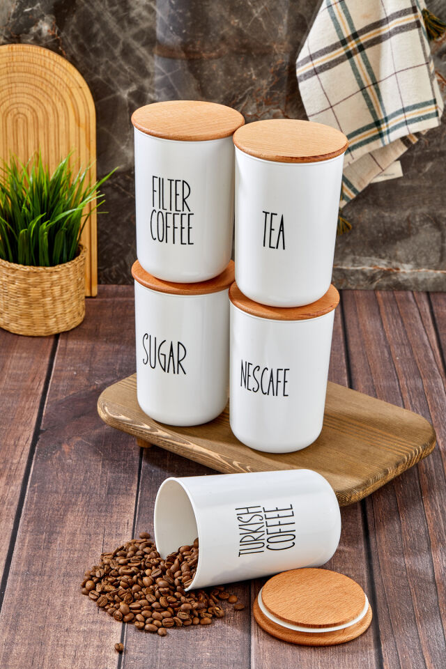 5'li Ahşap Kapaklı Transfer Etiket Coffe/tea/sugar PLASTİK Kavanoz 900ml Saklama Kabı.cam Değildir.