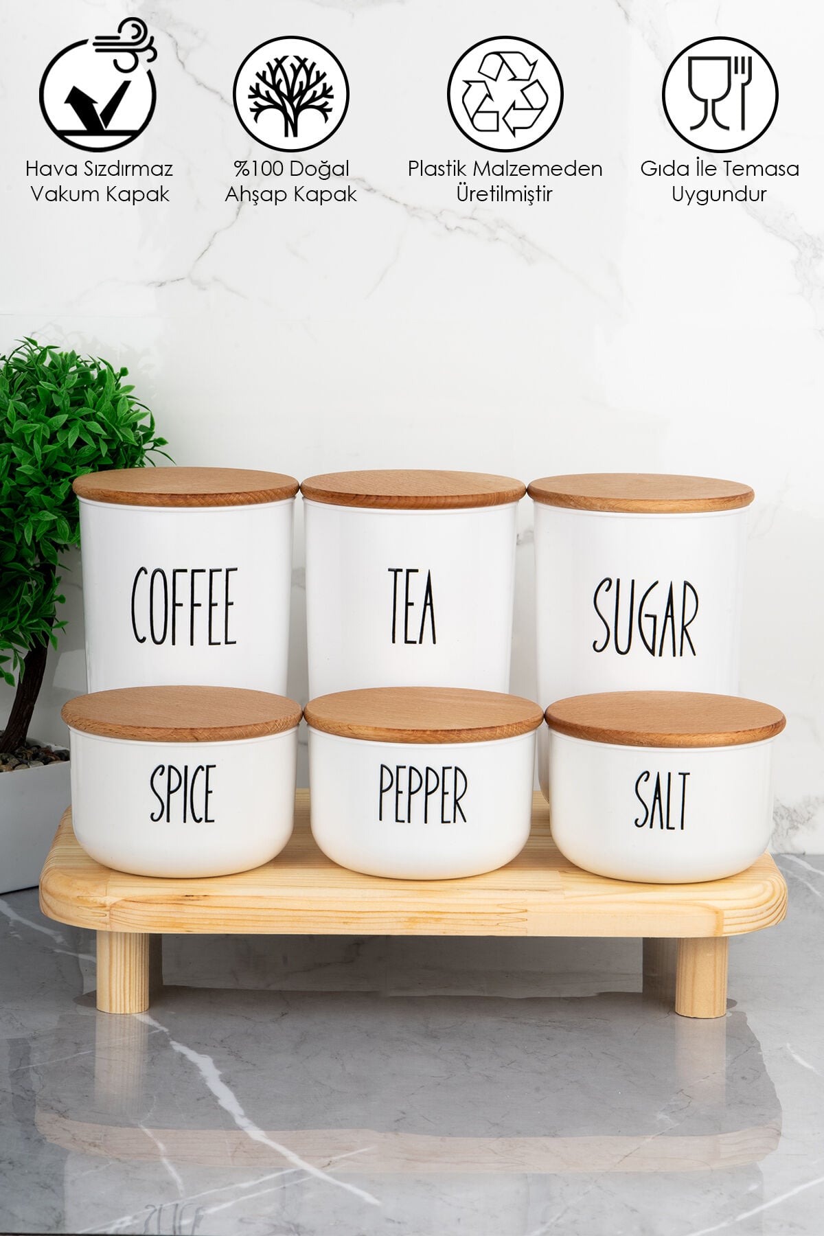 3'lü 900ml Ahşap Kapaklı Akrilik (PLASTİK) Çay/kahve/şeker 3'lü 400ml Tuz/biber/baharatlık(STANTLI)