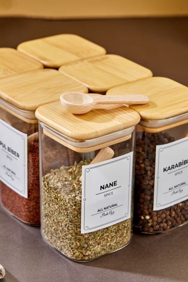 6'lı 250ml KARE Bambu Vakum Kapaklı Kaşıklı Borosilikat Baharat Takımı (Etiket Hediyeli)