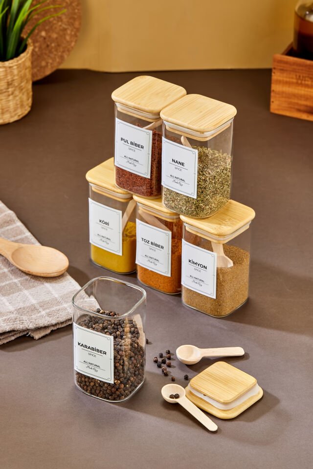 6'lı 250ml KARE Bambu Vakum Kapaklı Kaşıklı Borosilikat Baharat Takımı (Etiket Hediyeli)