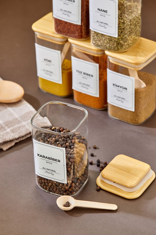 6'lı 250ml KARE Bambu Vakum Kapaklı Kaşıklı Borosilikat Baharat Takımı (Etiket Hediyeli)