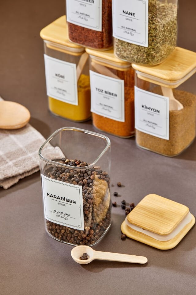 6'lı 250ml KARE Bambu Vakum Kapaklı Kaşıklı Borosilikat Baharat Takımı (Etiket Hediyeli)
