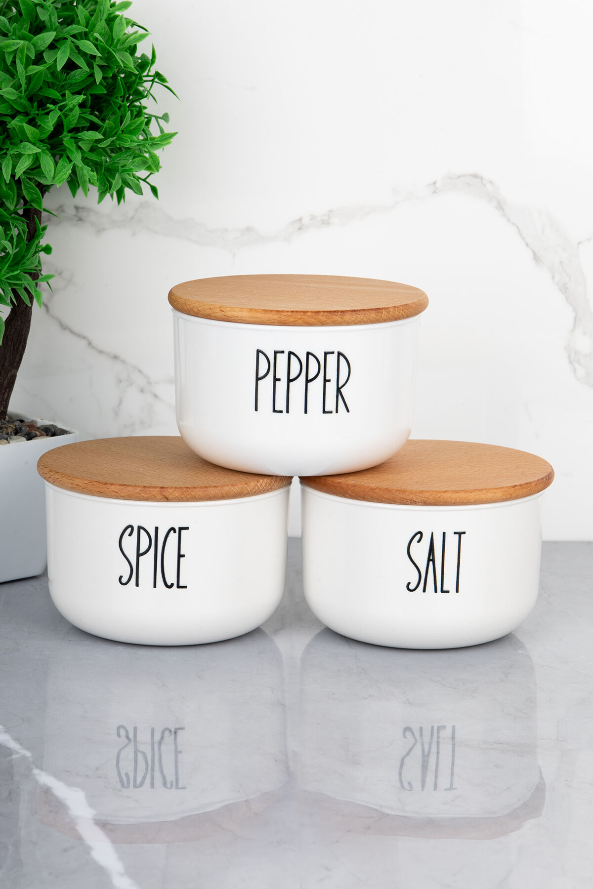 3'lü Ahşap Kapaklı Vakumlu Transfer Etiketli Tuz/biber/baharat Seti 400ml Akrilik (PLASTİK) Kavanoz