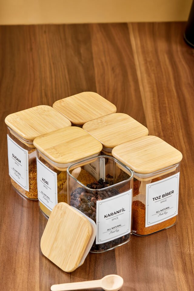 6'lı 200ml KARE Bambu Vakum Kapaklı Kaşıklı Borosilikat Baharat Takımı (Etiket Hediyeli)