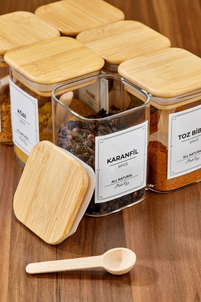 6'lı 200ml KARE Bambu Vakum Kapaklı Kaşıklı Borosilikat Baharat Takımı (Etiket Hediyeli)