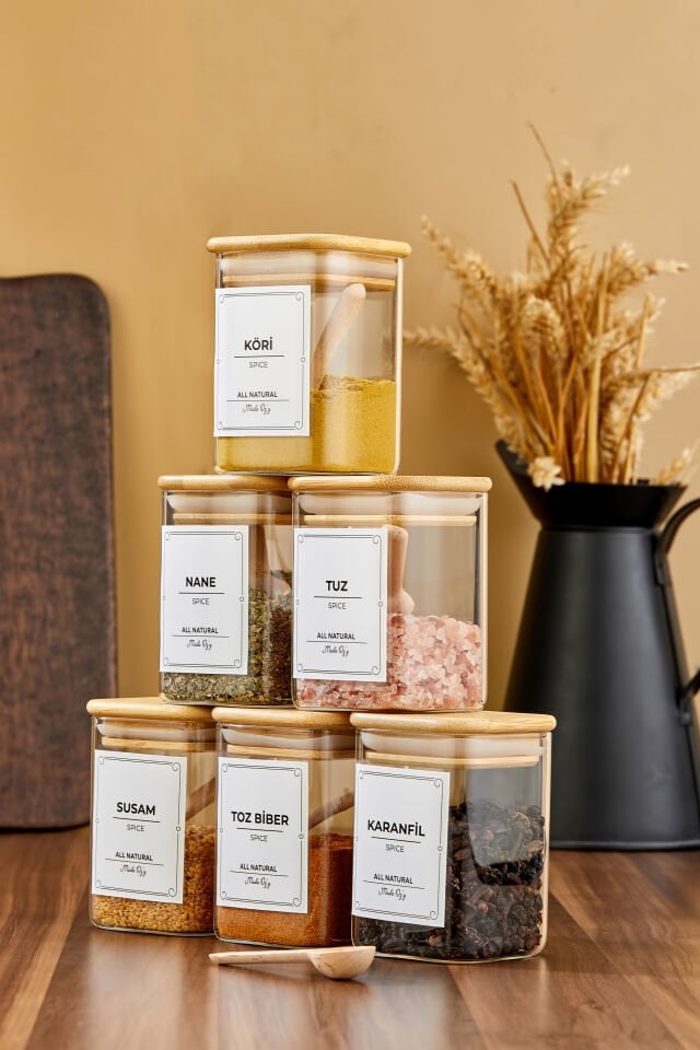 6'lı 200ml KARE Bambu Vakum Kapaklı Kaşıklı Borosilikat Baharat Takımı (Etiket Hediyeli)