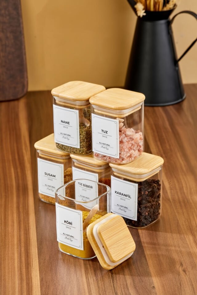 6'lı 200ml KARE Bambu Vakum Kapaklı Kaşıklı Borosilikat Baharat Takımı (Etiket Hediyeli)