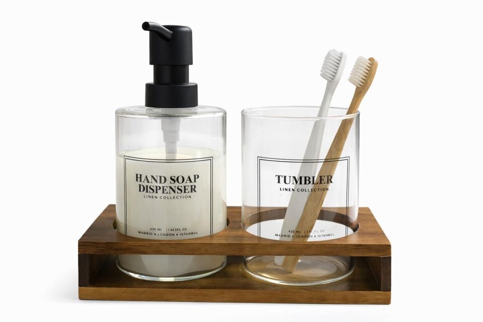 2'li Akasya Standlı 2 Bölmeli Borosilikat İnce Cam Sıvı Sabunluk Seti - Diş Fırça Organizeri