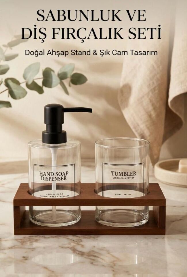 2'li Akasya Standlı 2 Bölmeli Borosilikat İnce Cam Sıvı Sabunluk Seti - Diş Fırça Organizeri