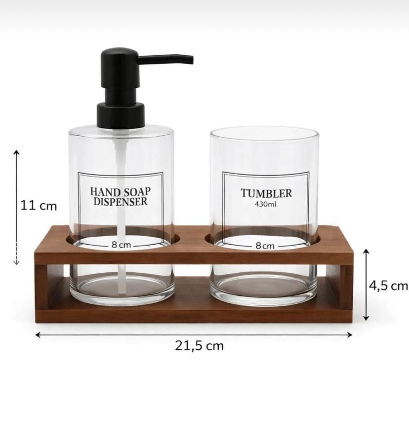 2'li Akasya Standlı 2 Bölmeli Borosilikat İnce Cam Sıvı Sabunluk Seti - Diş Fırça Organizeri