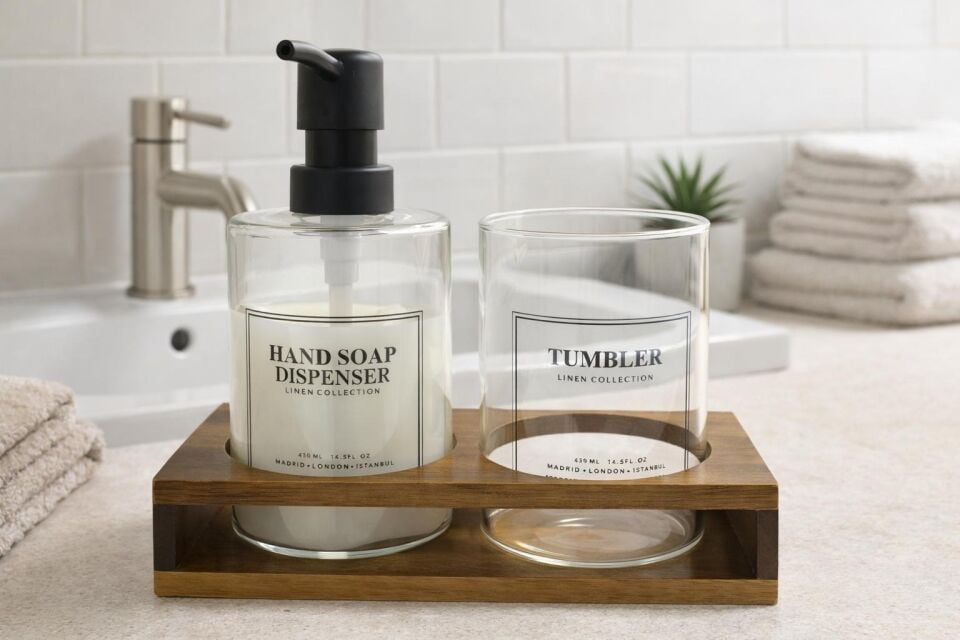 2'li Akasya Standlı 2 Bölmeli Borosilikat İnce Cam Sıvı Sabunluk Seti - Diş Fırça Organizeri