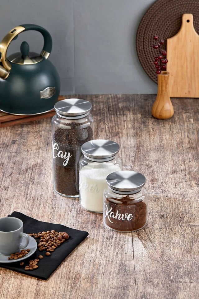 3'lü 1300/800/500 ml Metal Kapaklı Çay&Şeker&Kahve Kavanozu Vakumlu Saklama Kabı