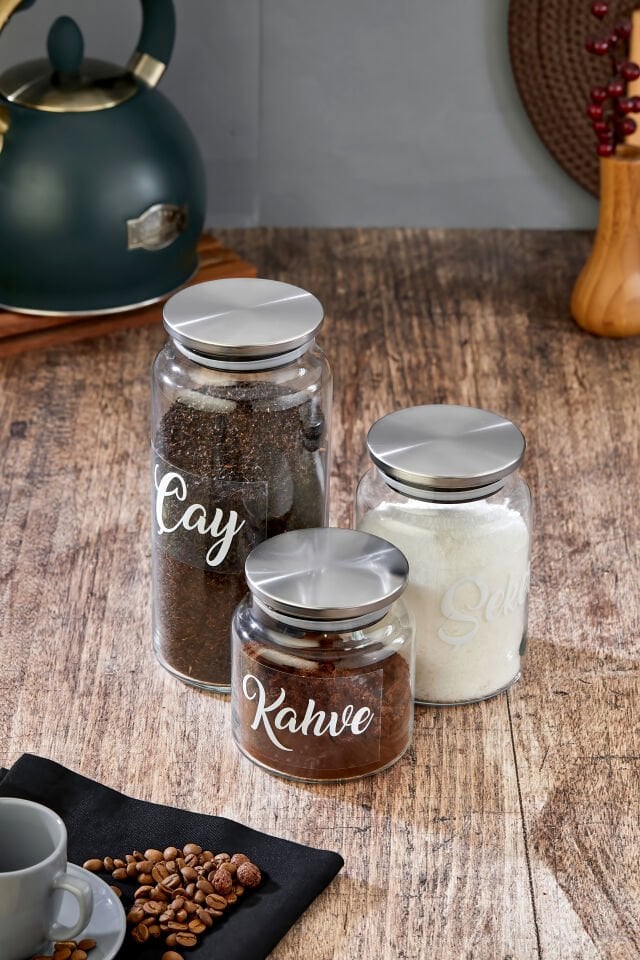 3'lü 1300/800/500 ml Metal Kapaklı Çay&Şeker&Kahve Kavanozu Vakumlu Saklama Kabı