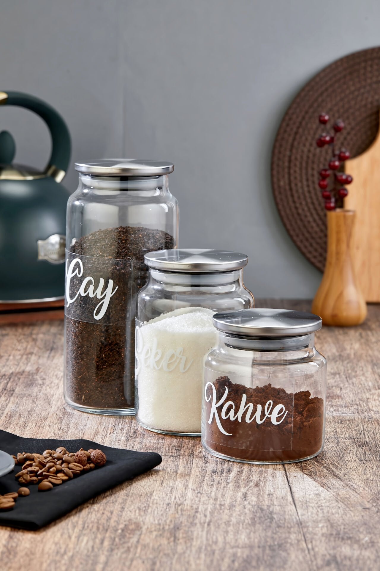 3'lü 1300/800/500 ml Metal Kapaklı Çay&Şeker&Kahve Kavanozu Vakumlu Saklama Kabı