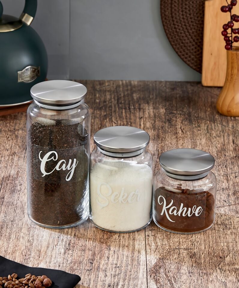 3'lü 1300/800/500 ml Metal Kapaklı Çay&Şeker&Kahve Kavanozu Vakumlu Saklama Kabı