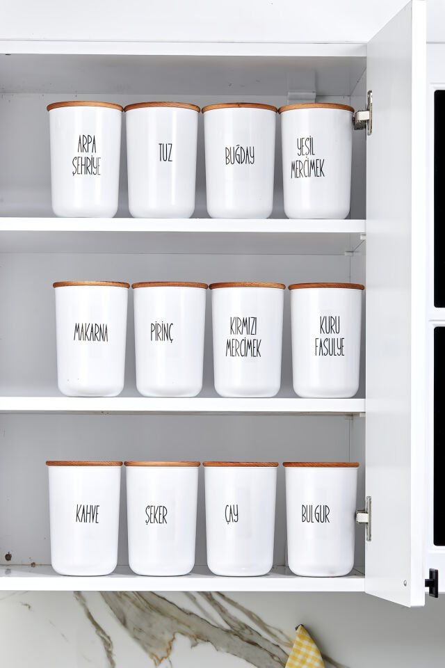 12'li 900ml Akrilik (PLASTİK) Kavanoz Ahşap Vakum Kapaklı Şeffaf Etiketli Saklama Kabı