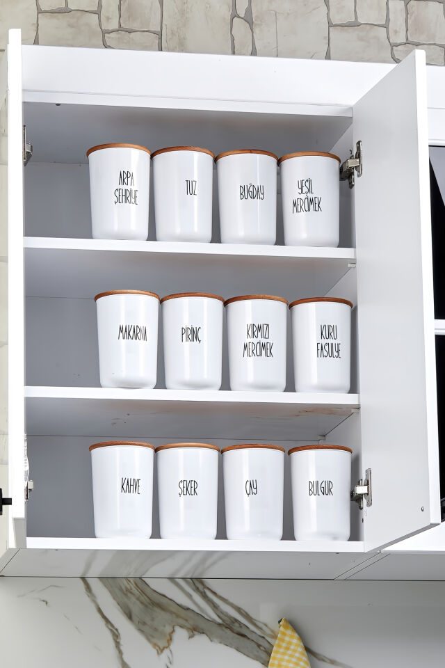 12'li 900ml Akrilik (PLASTİK) Kavanoz Ahşap Vakum Kapaklı Şeffaf Etiketli Saklama Kabı