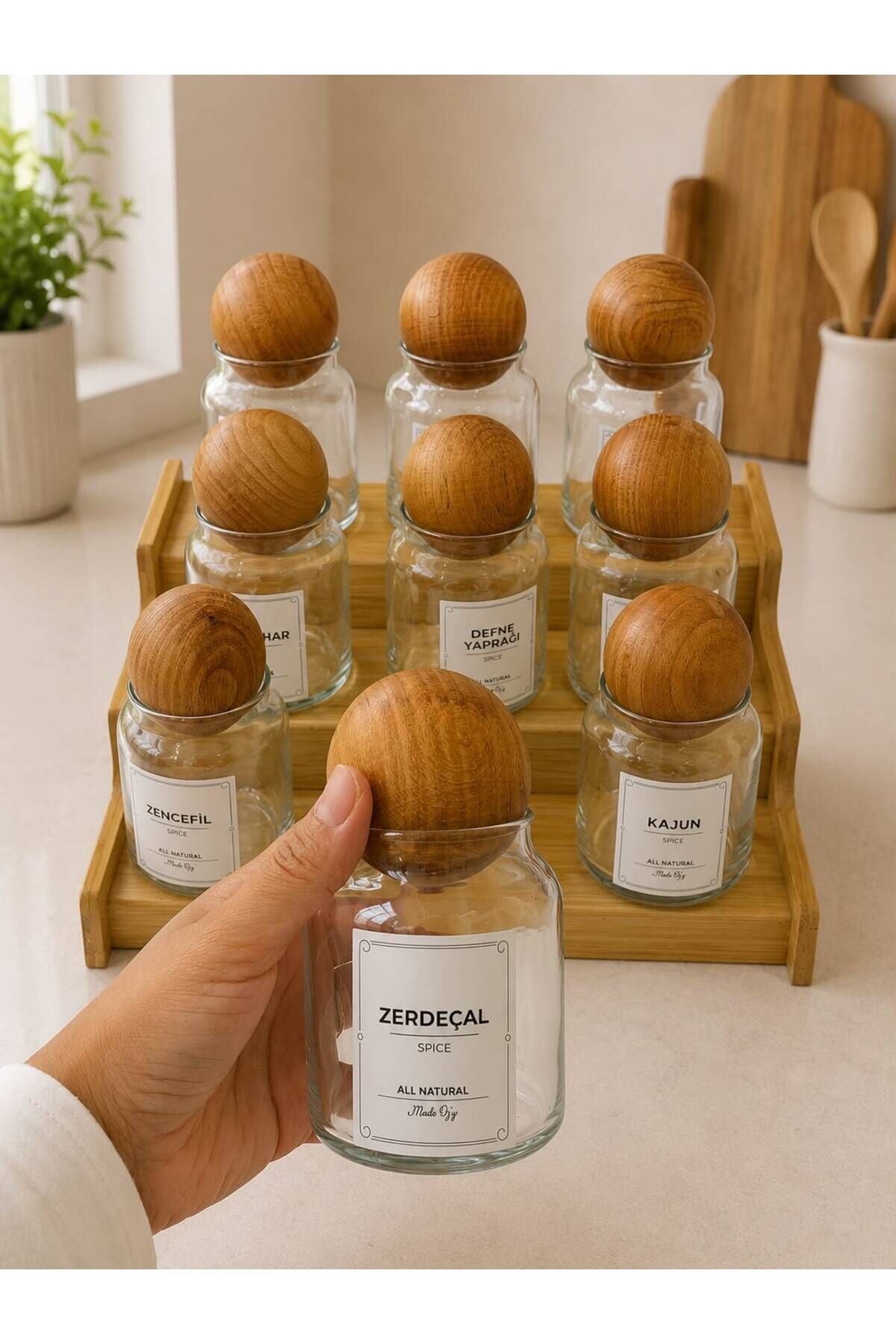 9'lu 300ml Top Kapaklı Bambu Stantlı Cam Baharatlık, Bambu Vakum Kapaklı Etiketli Saklama Kavanozu
