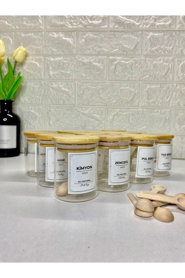 12'li Etiketli 200 ml Bambu Vakum Kapaklı Borosilikat Cam Baharatlık Saklama Kabı Seti(Kaşık Dahil