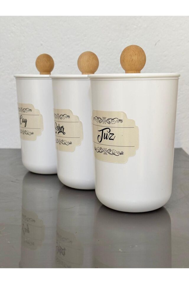 3'lü Vakum Kapaklı Ahşap Kulplu Akrilik (PLASTİK) Çay/Şeker/Tuz Kavanoz 900ml