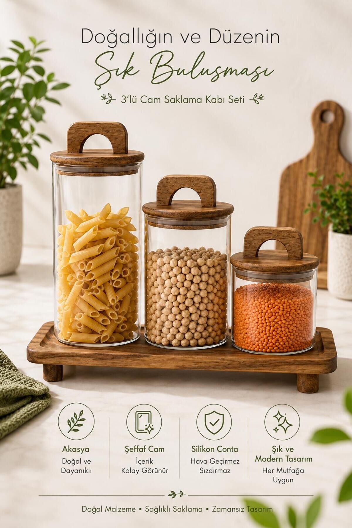 3'lü Akasya Kapaklı Ahşap Stantlı Cam Kavanoz Seti 1300/950/550 ml Çay Şeker Kahve Bakliyat Saklama Kabı