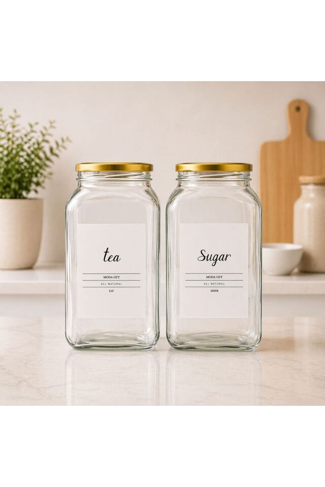 2'li 3000 Ml Çay & Şeker Kavanozu Etiketli Cam Saklama Kabı