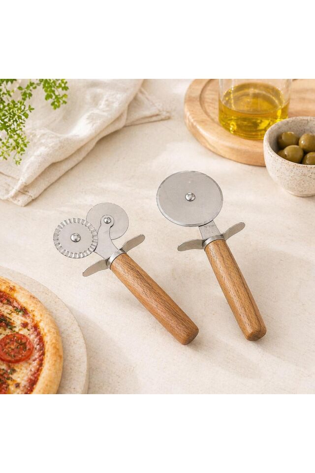 2 Adet Ahşap Saplı Paslanmaz Çelik Pizza Hamur Kesici 1 Adet Tekbaşlı 1 Adet Çift Başlı Rulet Set