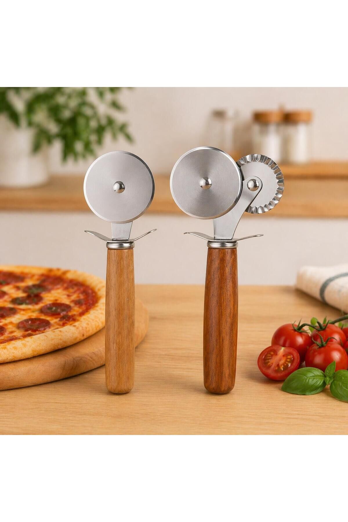 2 Adet Ahşap Saplı Paslanmaz Çelik Pizza Hamur Kesici 1 Adet Tekbaşlı 1 Adet Çift Başlı Rulet Set