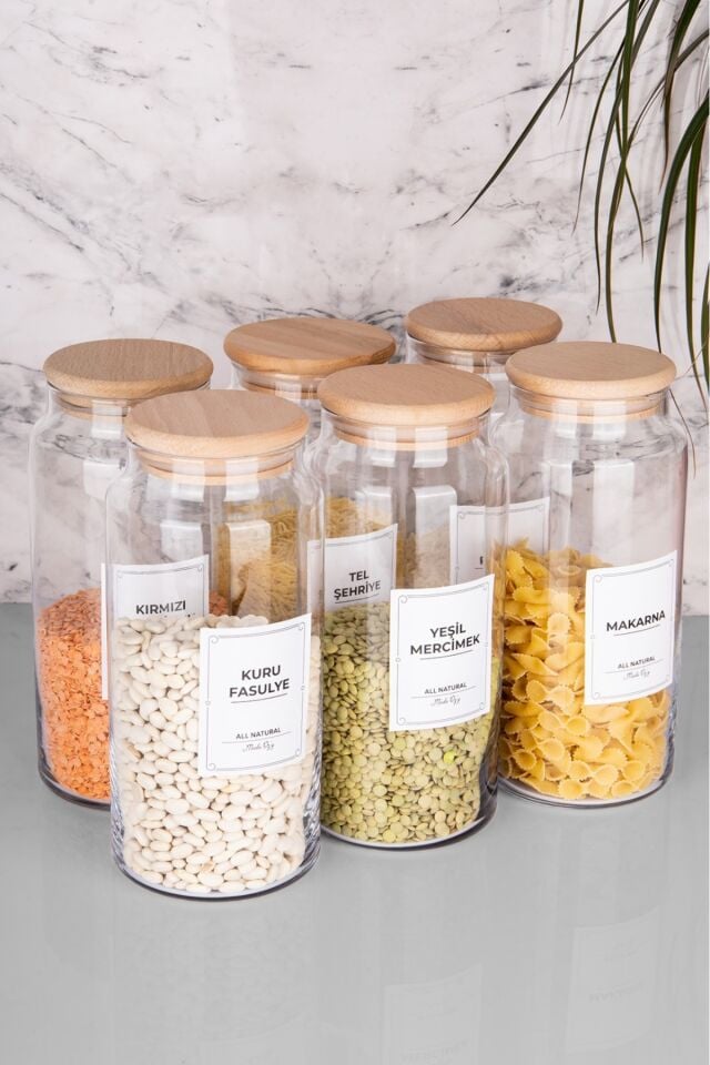 6lı Cam Kavanoz Seti Ahşap Kapaklı Vakumlu Bakliyat Kavanozu 1300 ml (etiket dahildir)