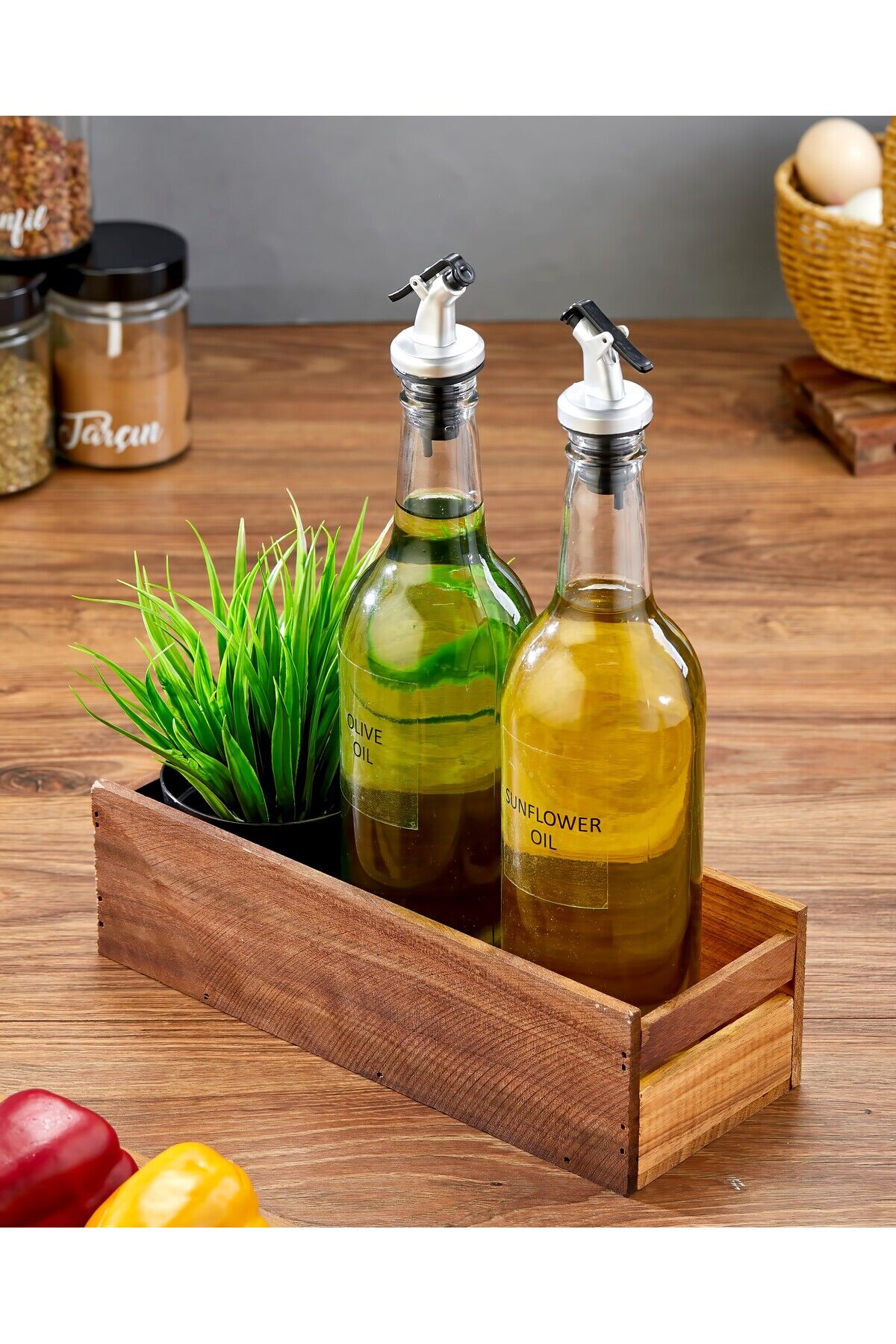 Ahşap Stantlı 2'li 750 ml Amber Zeytinyağı Sıvıyağ Şişesi Yağdanlık Seti(Sazlık Çiçek Hediyeli)