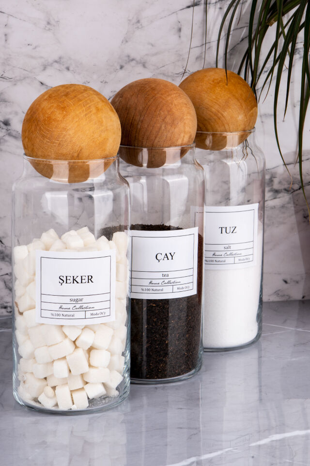 3'lü Top Kapaklı Çay & Şeker & Tuz Kavanozu 1300Ml Saklama Kabı (Suya Dayanıklı Etiket) Şeffaf