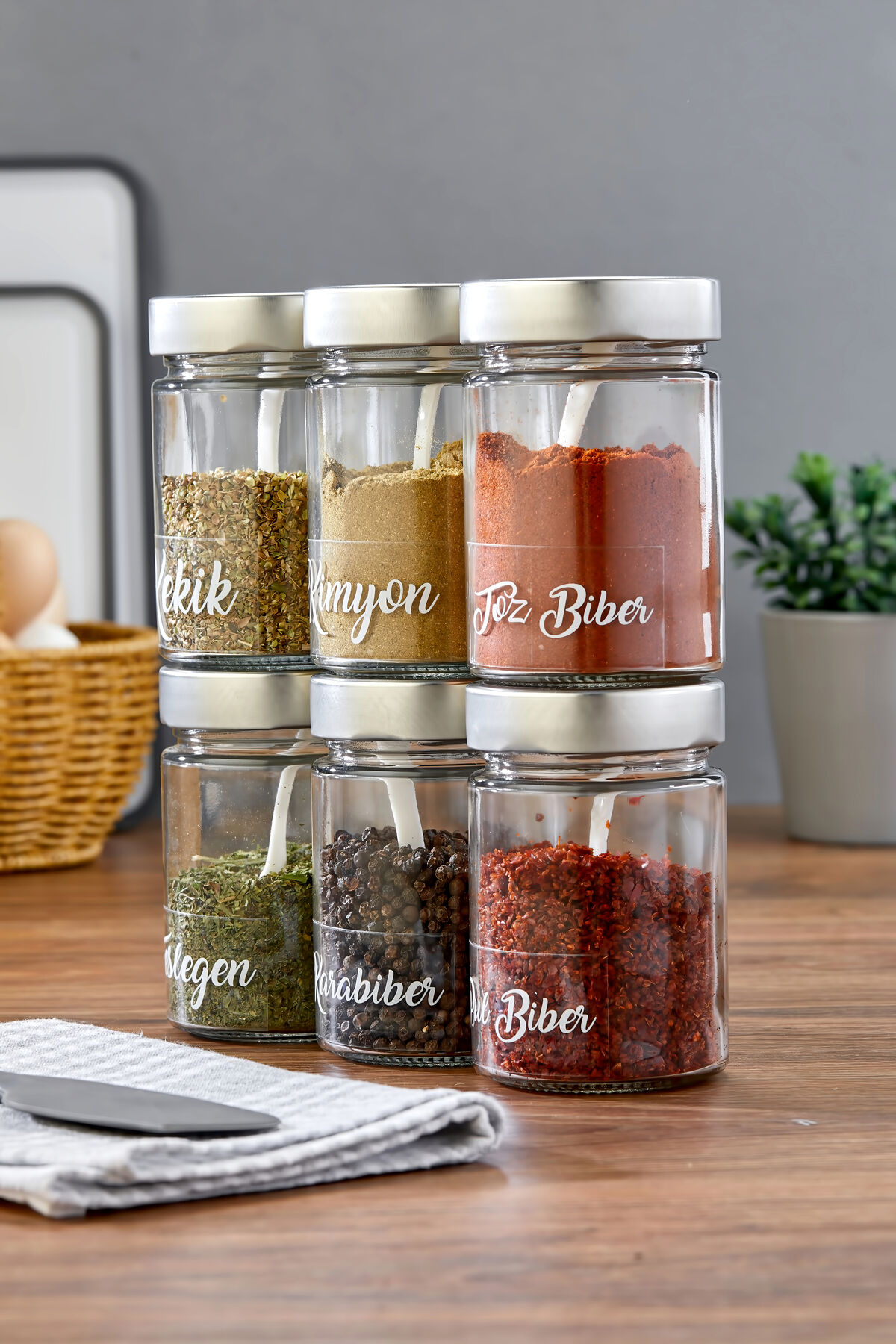 6'lı 350 ml Gümüş Metal Kapaklı Baharat Saklama Kabı Cam Kavanoz(Plastik Kaşık/ Etiket Dahil)