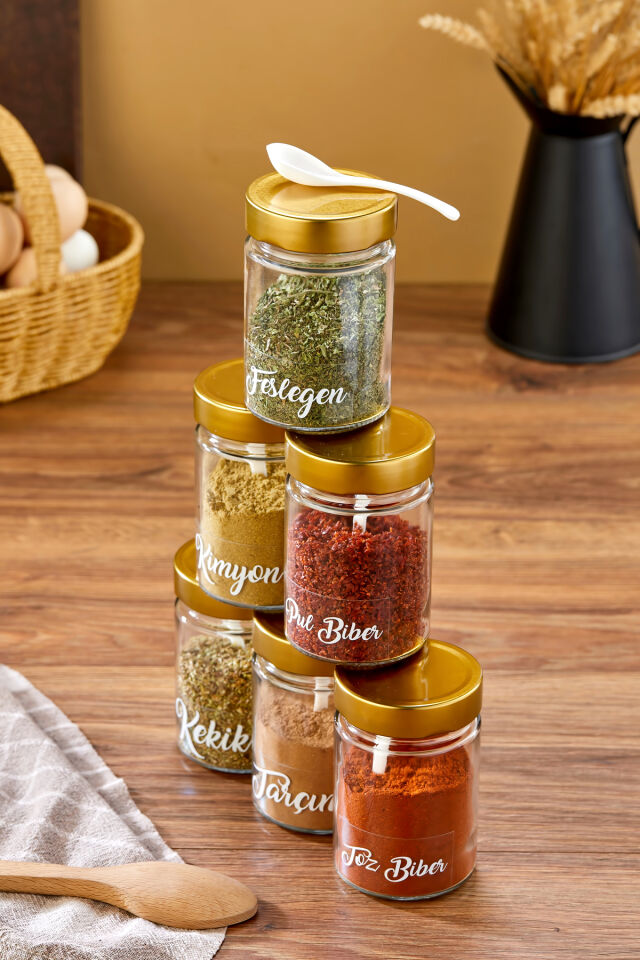 6'lı 350 ml Gold Metal Kapaklı Baharat Saklama Kabı Cam Kavanoz(Plastik Kaşık/ Etiket Dahil)
