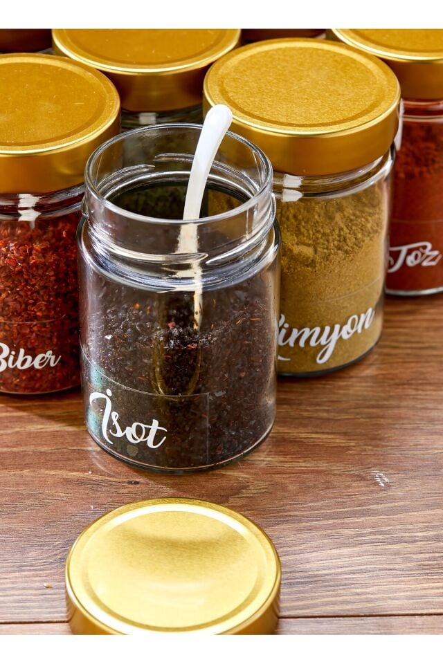 12'li 350 ml Gold Metal Kapaklı Baharat Saklama Kabı Cam Kavanoz(Plastik Kaşık/ Etiket Dahil)