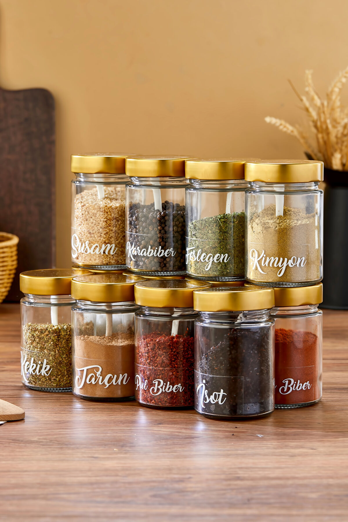 12'li 350 ml Gold Metal Kapaklı Baharat Saklama Kabı Cam Kavanoz(Plastik Kaşık/ Etiket Dahil)