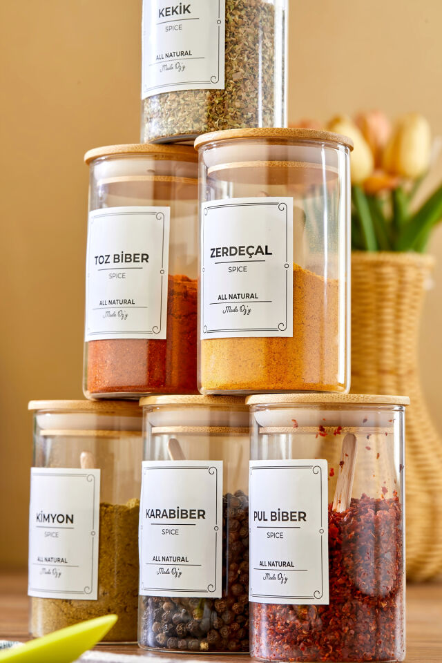 6'lı 250 Ml Bambu Vakum Kapaklı Kaşıklı Borosilikat Baharat Takımı (Etiket Hediyeli)