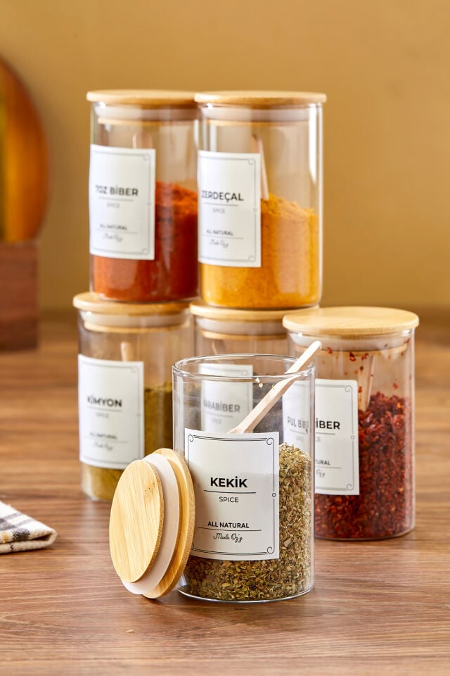 6'lı 250 Ml Bambu Vakum Kapaklı Kaşıklı Borosilikat Baharat Takımı (Etiket Hediyeli)