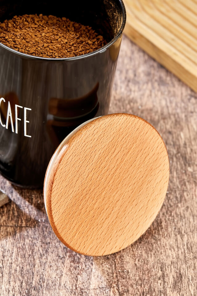 2'li Ahşap Vakum Kapaklı Transfer Etiketli Nescafe/milkpowder Akrilik(PLASTİK) Kavanoz 900ml Siyah