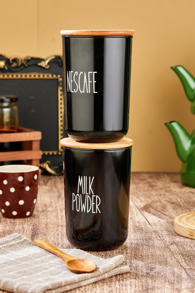 2'li Ahşap Vakum Kapaklı Transfer Etiketli Nescafe/milkpowder Akrilik(PLASTİK) Kavanoz 900ml Siyah