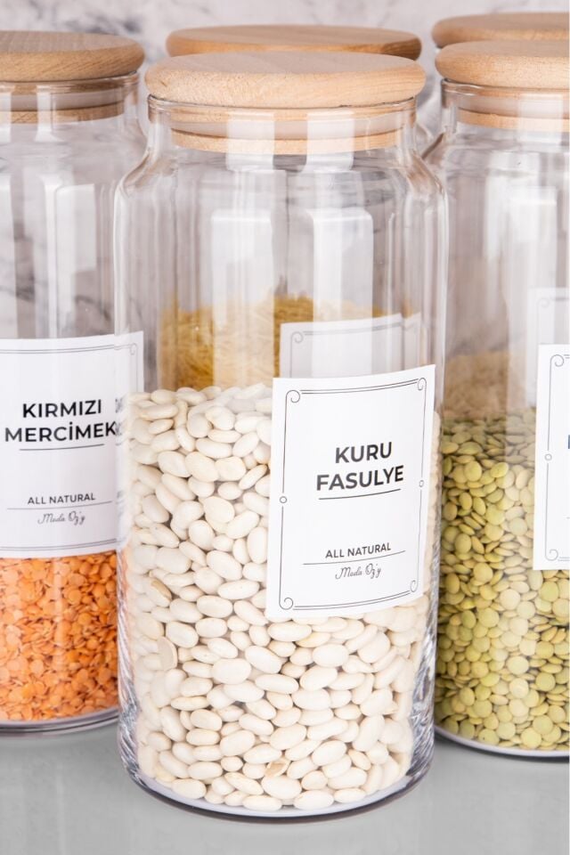 12li 1300ml  Vakumlu Ahşap  Kapaklı Cam Bakliyat Kavanozu Büyük Boy Saklama Seti(Etiket Dahildir) Şeffaf