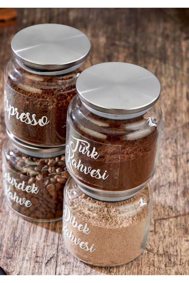 4lü 500ml Metal Kapaklı Kahve/Çay/İçecek Tozu Saklama Kavanozu (21 Adet Şeffaf Etiketli )