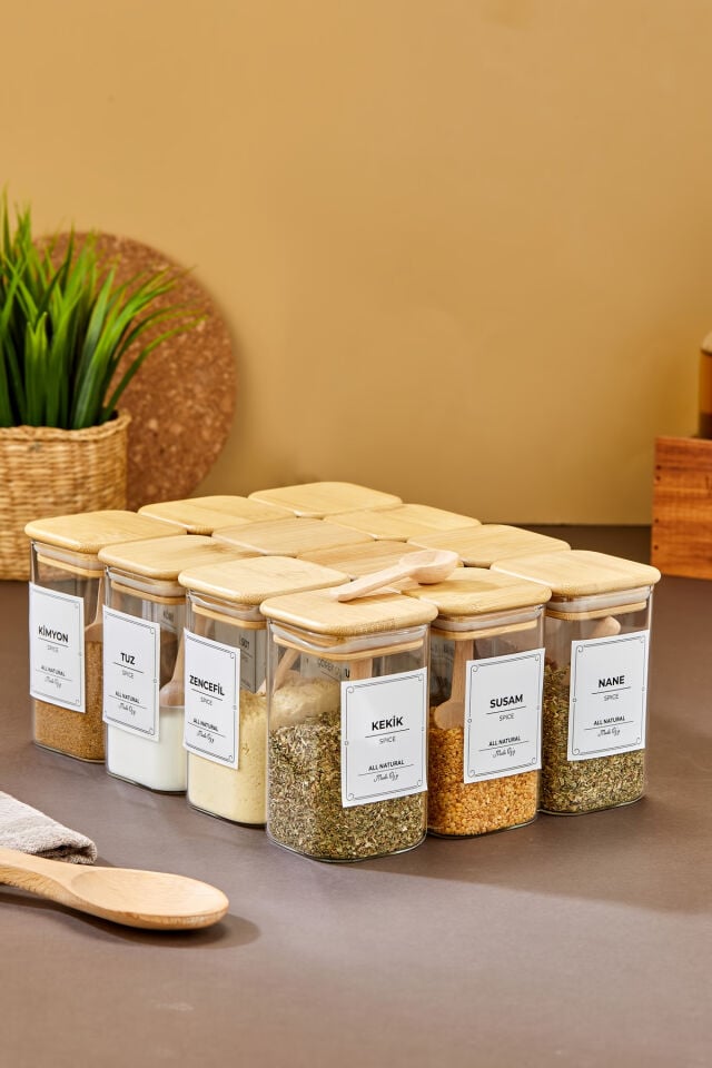 12'li Etiketli 250ml KARE Bambu Vakum Kapaklı Borosilikat Cam Baharatlık Seti Kaşıklı Etiketli