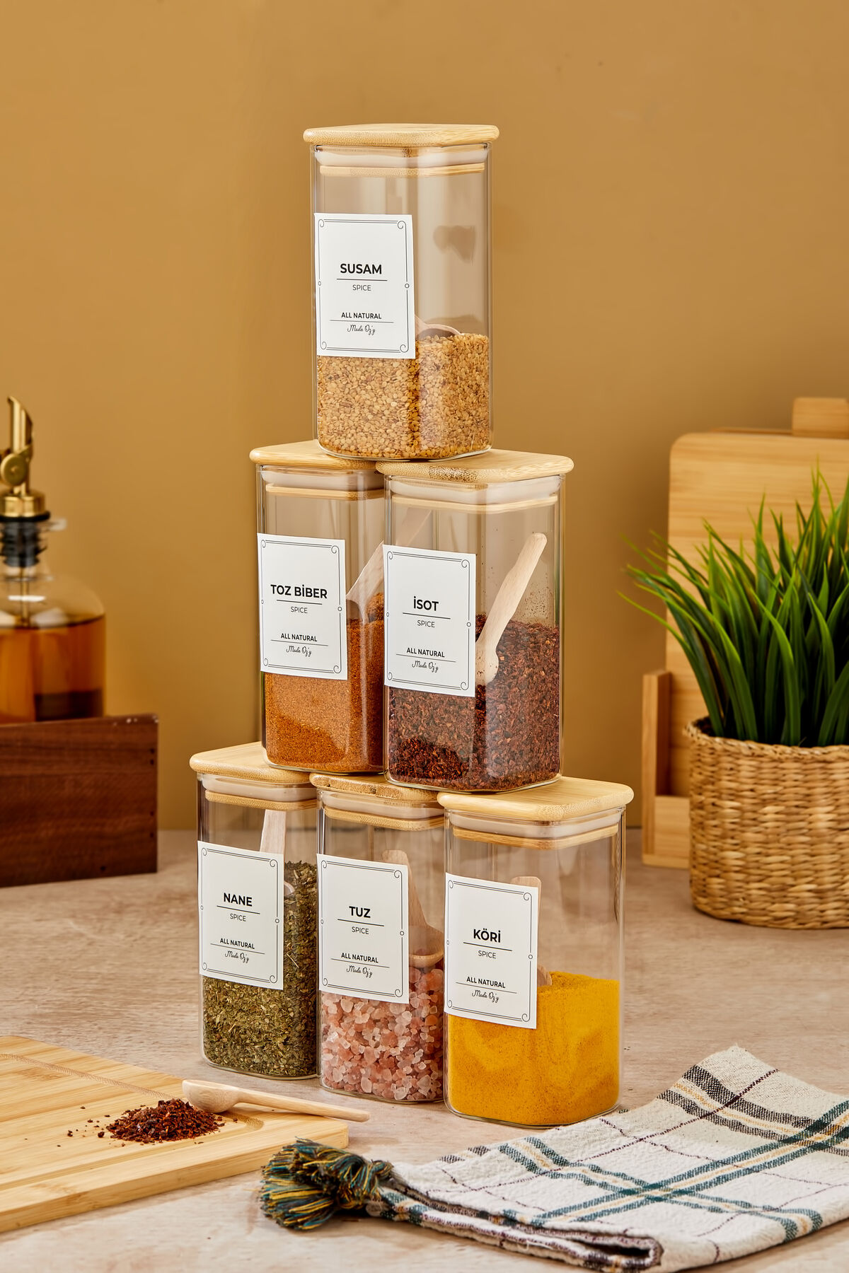 6'lı 300ml KARE Bambu Vakum Kapaklı Kaşıklı Borosilikat Baharat Takımı (Etiket Hediyeli)